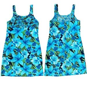 Y2K Limited Too Blue & Green Tropical Flower Sleeveless Scrunch Top Dress Sz 10